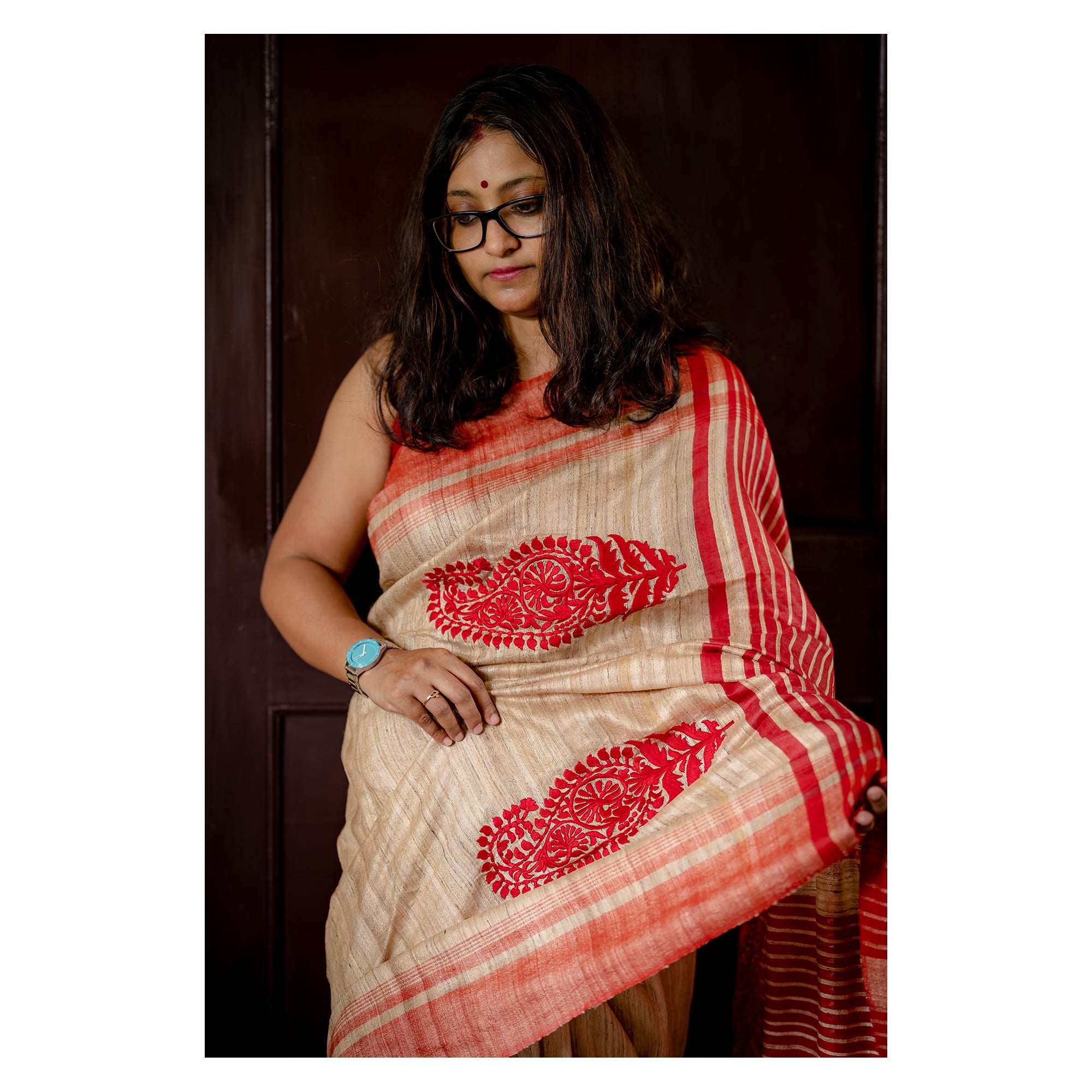 TUSSAR PAISLEY LOTUS RED SAREE