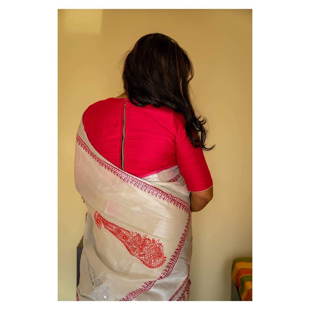 TISSUE KASAVU LOTUS SILVER SAREE