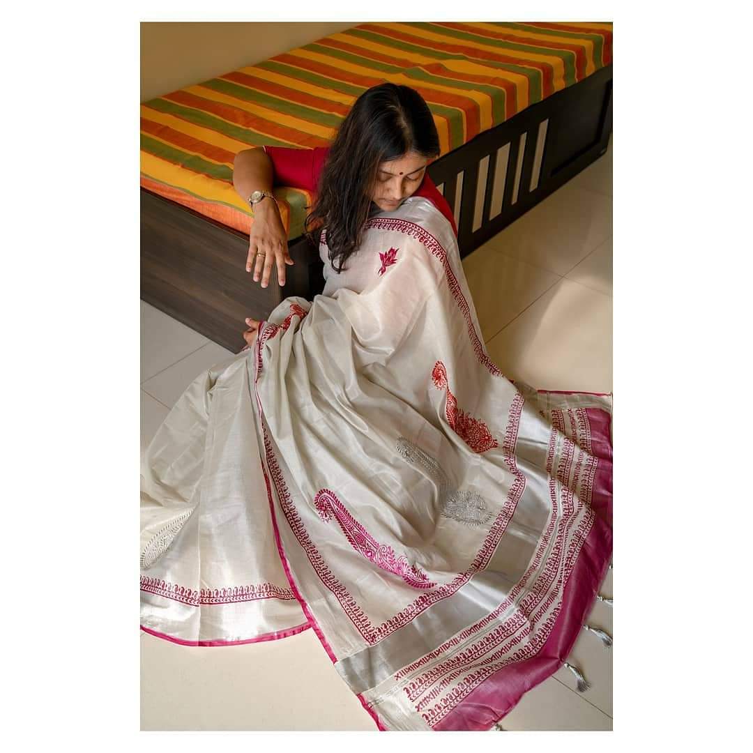 TISSUE KASAVU LOTUS SILVER SAREE