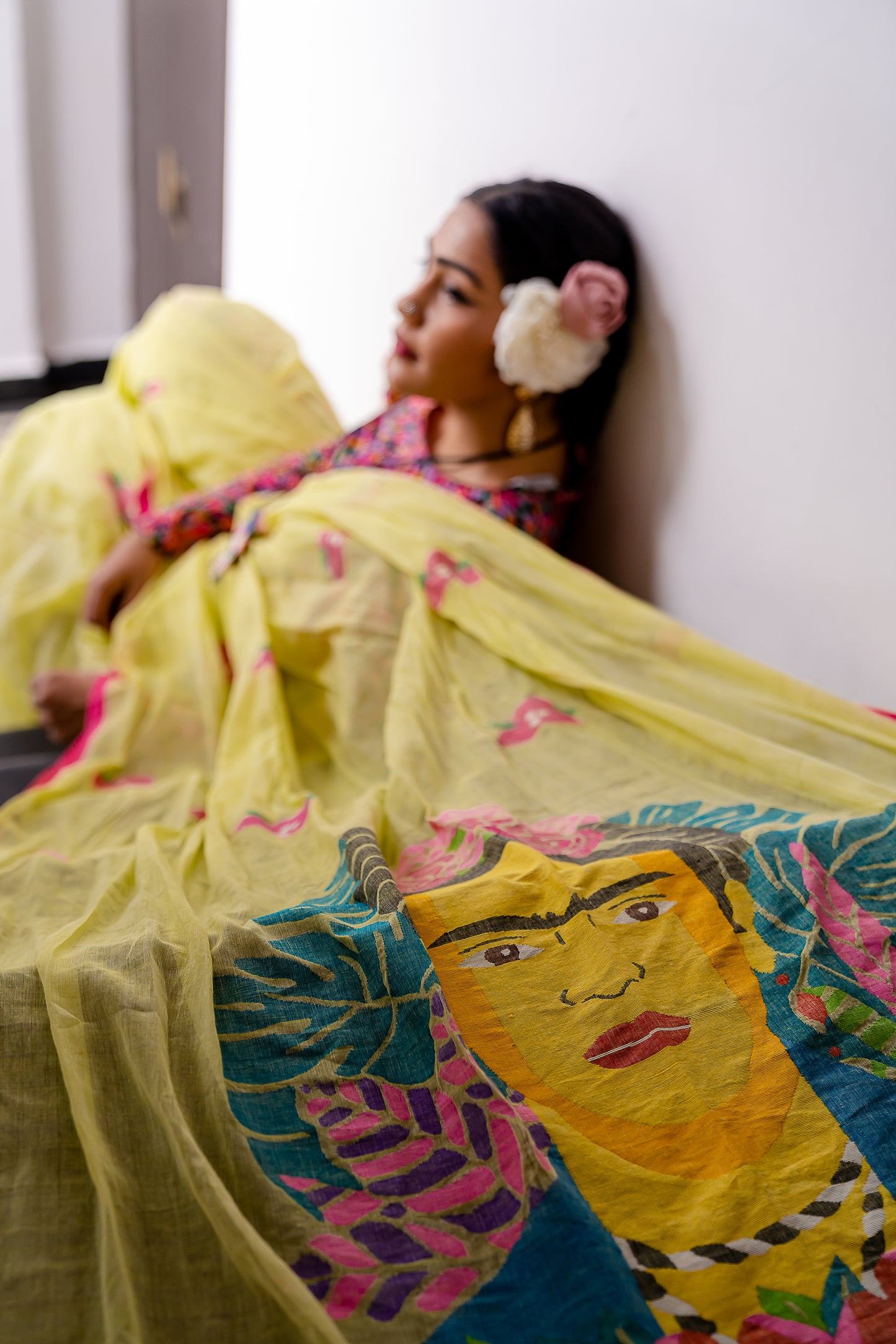 FRIDA IN BOUGAINVILLE GARDEN LIME
 GREEN SAREE