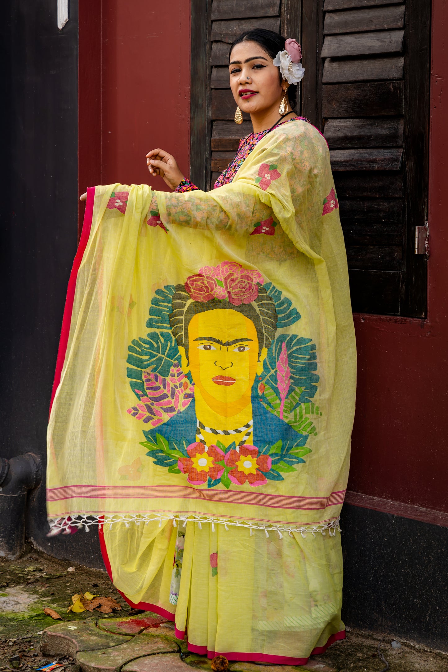 FRIDA IN BOUGAINVILLE GARDEN LIME
 GREEN SAREE
