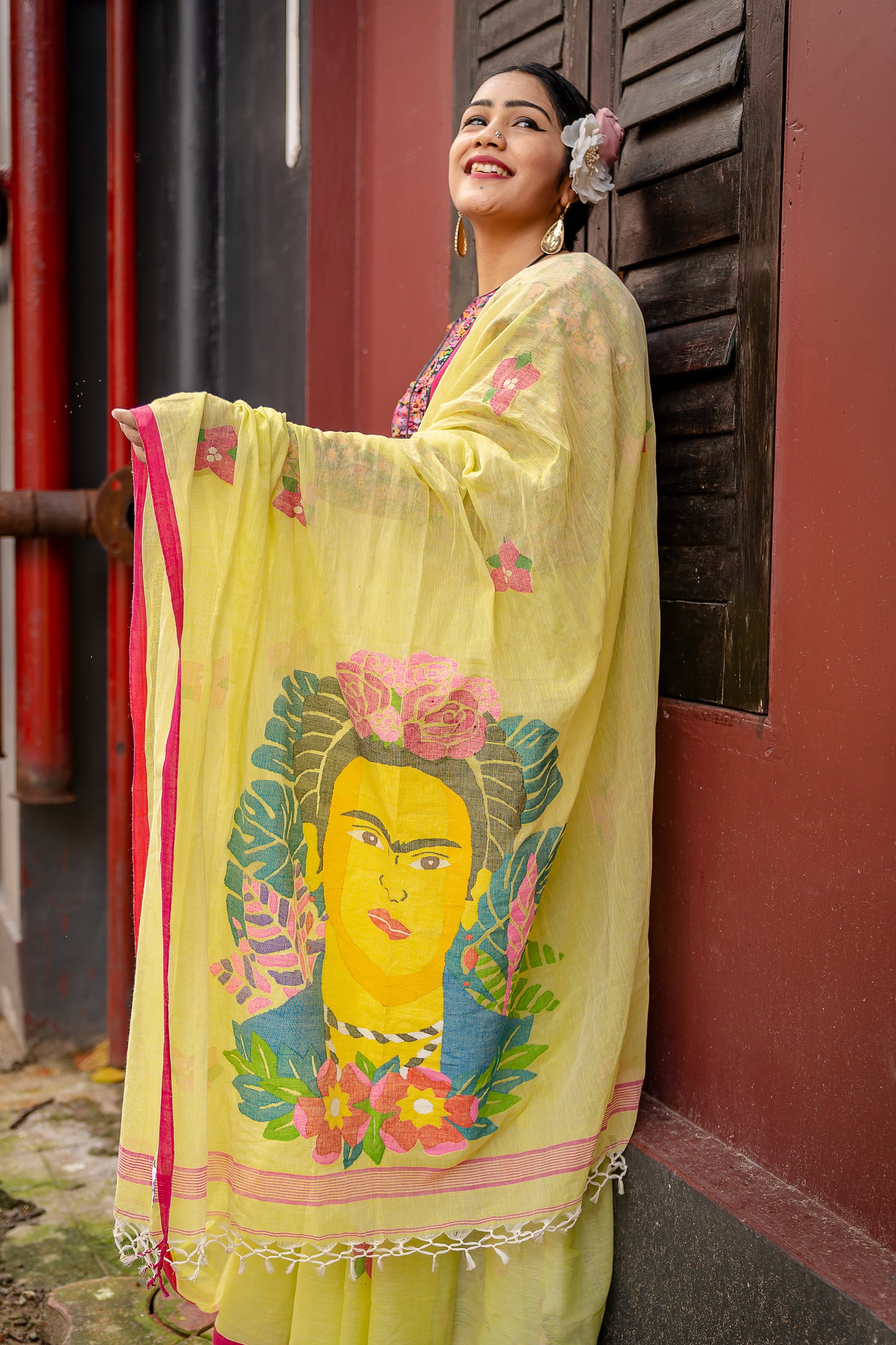 FRIDA IN BOUGAINVILLE GARDEN LIME
 GREEN SAREE