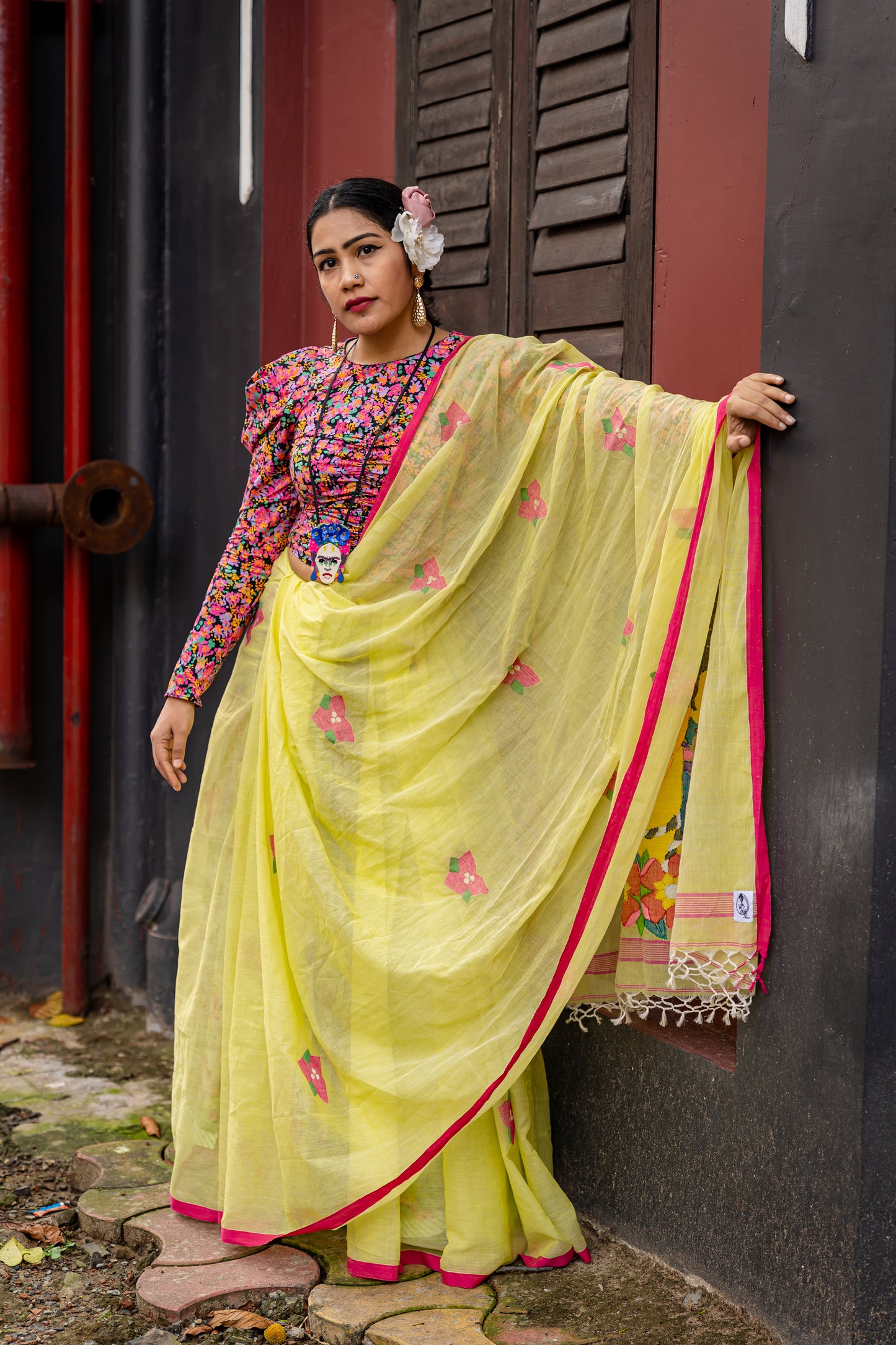 FRIDA IN BOUGAINVILLE GARDEN LIME
 GREEN SAREE