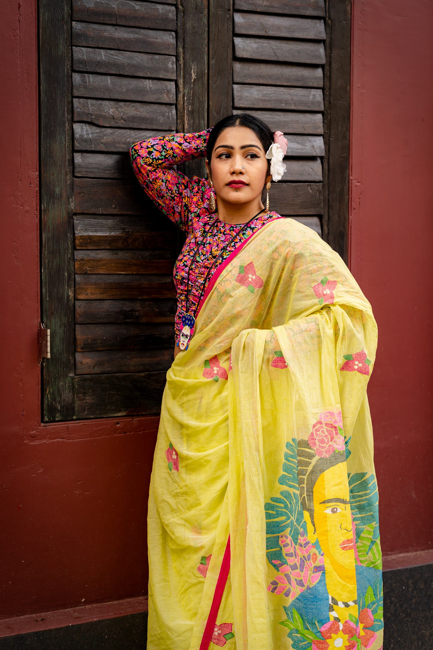 FRIDA IN BOUGAINVILLE GARDEN LIME
 GREEN SAREE