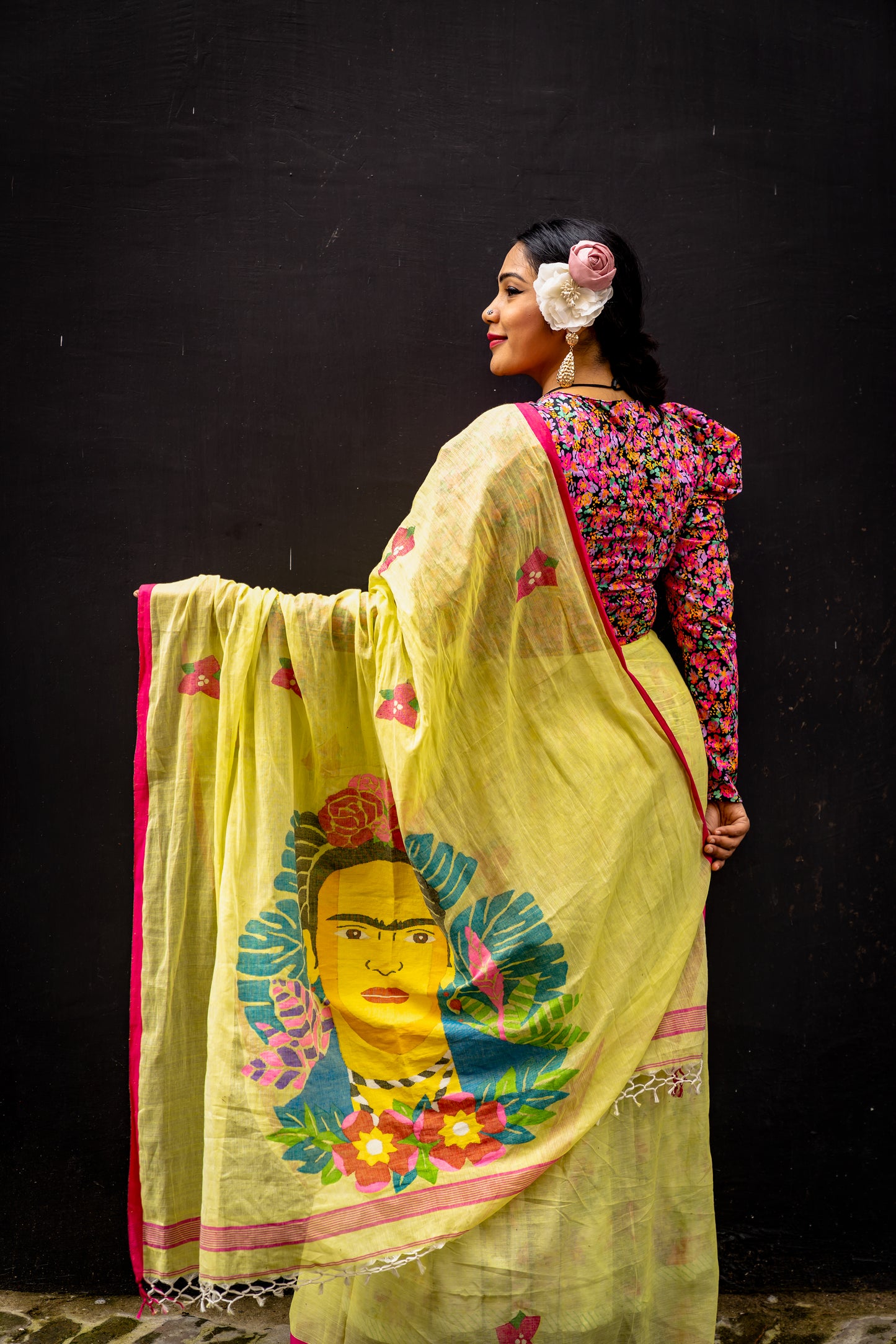 FRIDA IN BOUGAINVILLE GARDEN LIME
 GREEN SAREE