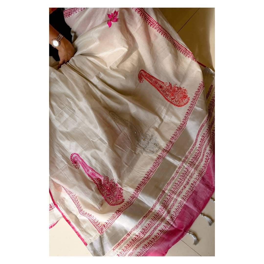 TISSUE KASAVU LOTUS SILVER SAREE